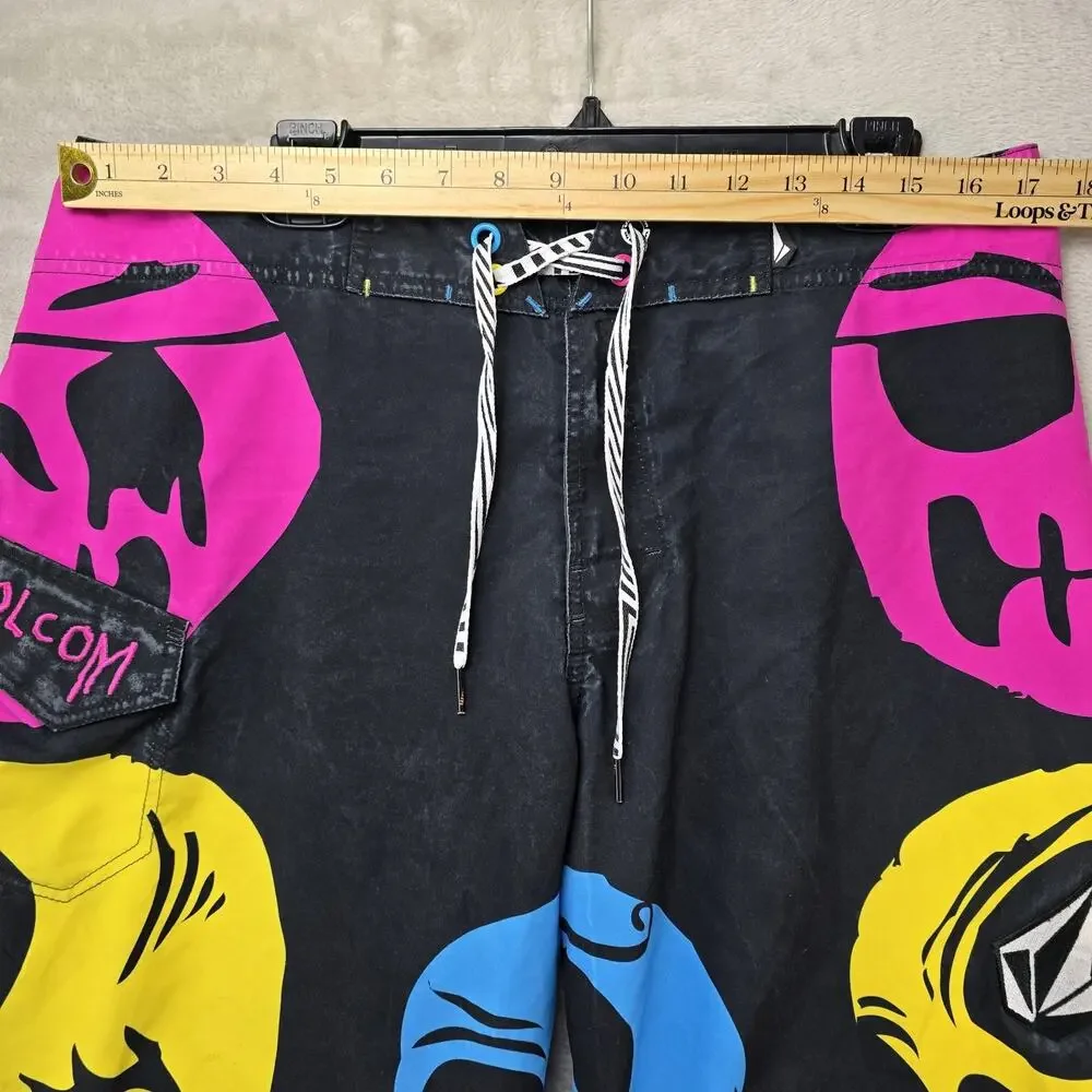 Vintage Volcom Board Shorts Mens 34 Black Y2K Neon Skull Swim Surf Artist Series